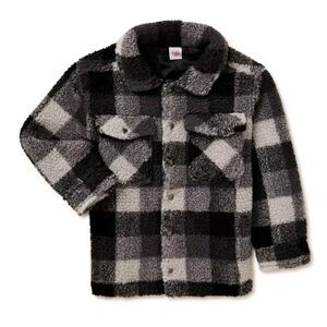 Wonder Nation Boys‎ Faux Sharpa Button Trucker Jacket Black Plaid,Size S (6-7)
